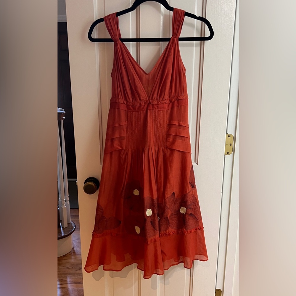 ANTHROPOLOGIE FLOREAT Vintage Rust Red Orange Midi Dress Silk Floral Embroidery